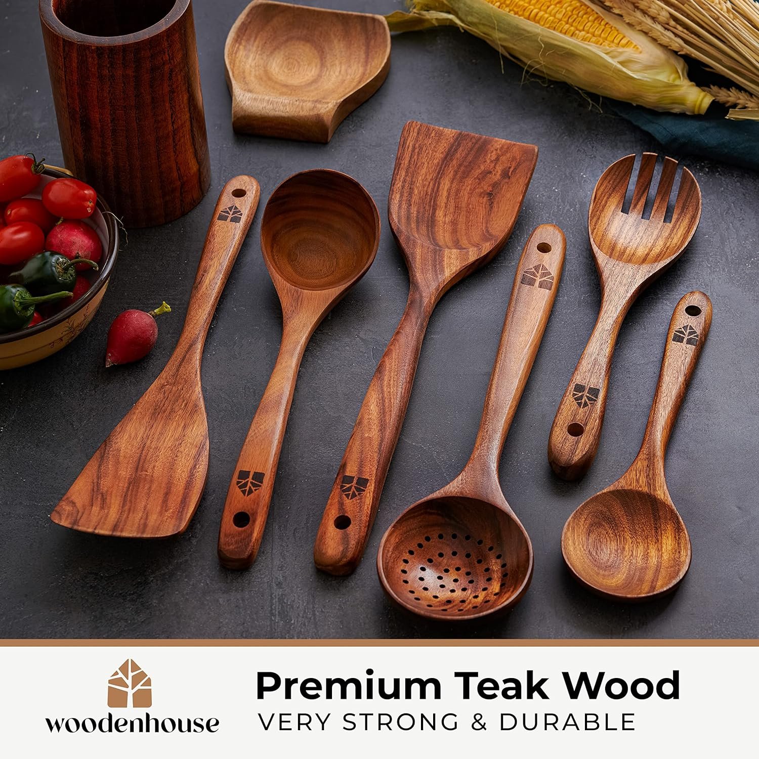 Riveira Bamboo Wooden Spoons for Cooking 6-Piece , Apartment Essentials  Wood Spatula Spoon Nonstick Kitchen Utensil Set Premium Quality  Housewarming