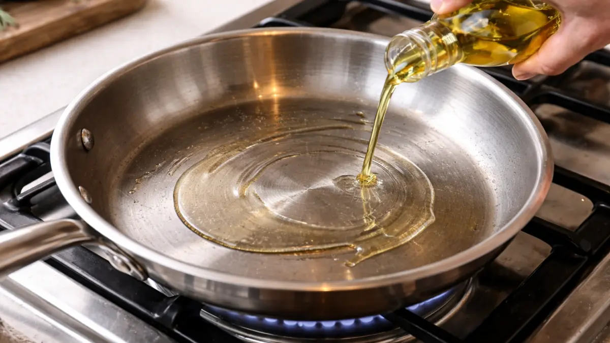 Pouring oil into a properly heated stainless steel frying pan