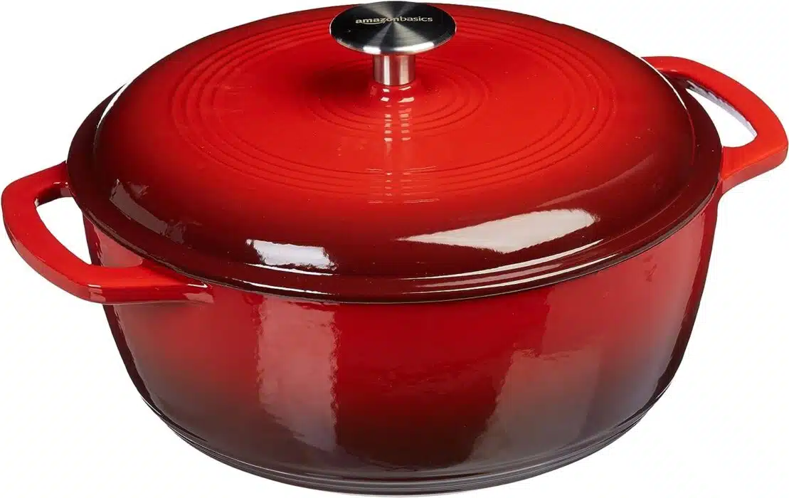 Amazon Basics Enameled Cast Iron Covered Round Dutch Oven, 6-Quart, Red Amazon Basics Enameled Cast Iron Covered Round Dutch Oven