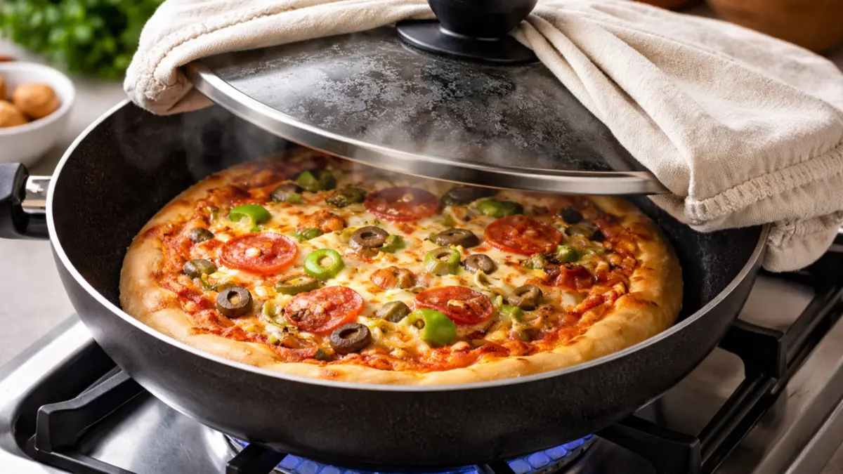 Homemade pizza baked in a pan without an oven using stovetop method