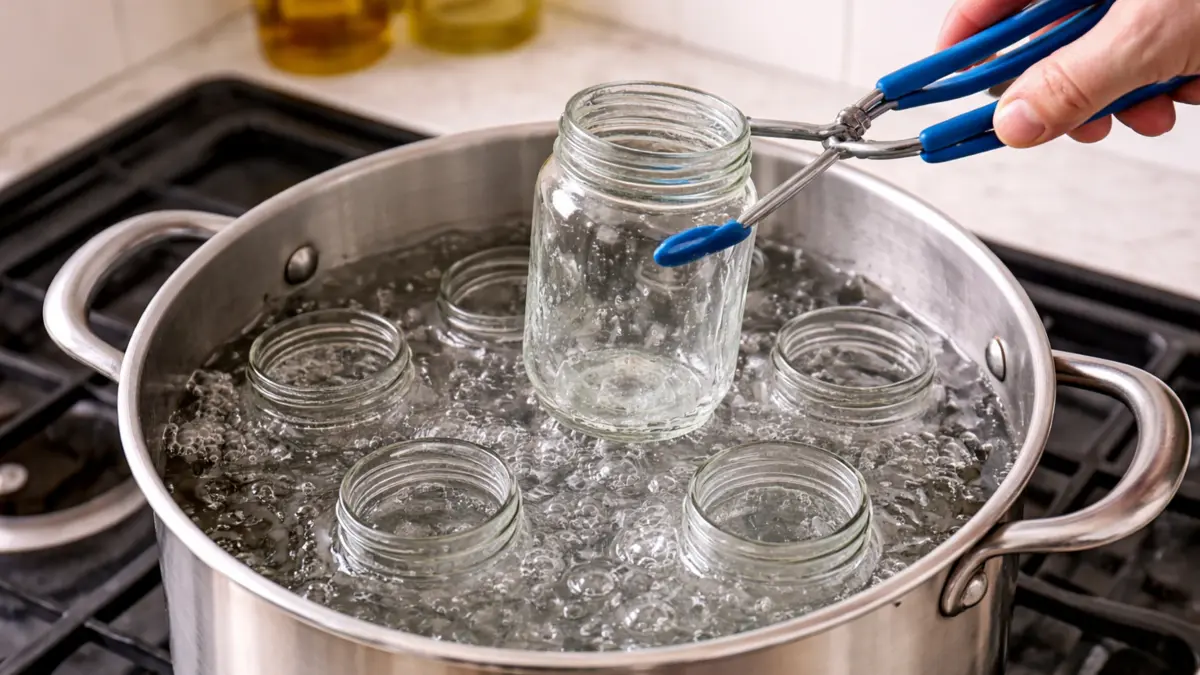 Glass jars sterilizing in a pot of boiling water