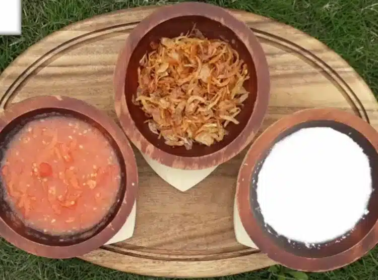 tomato puree, fried onions, and yoghurt