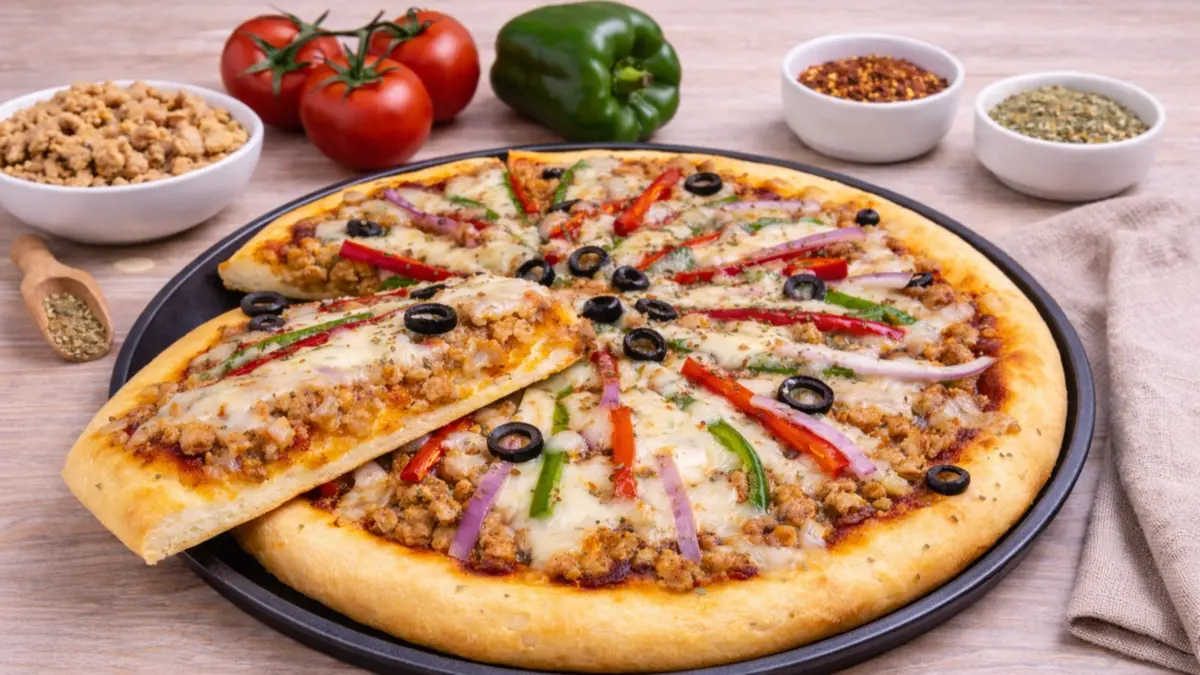 Homemade chicken mince pizza topped with cheese, olives, and vegetables, baked without oven