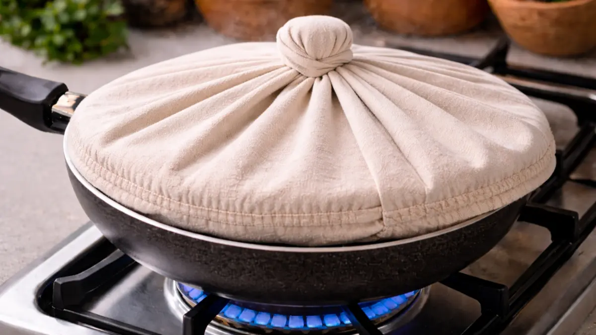 Pan lid fully covered with cotton cloth to trap steam while baking pizza