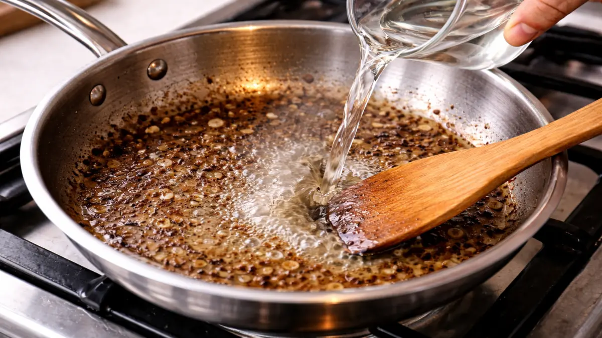 Adding water to deglaze stainless steel pan and loosen browned bits
