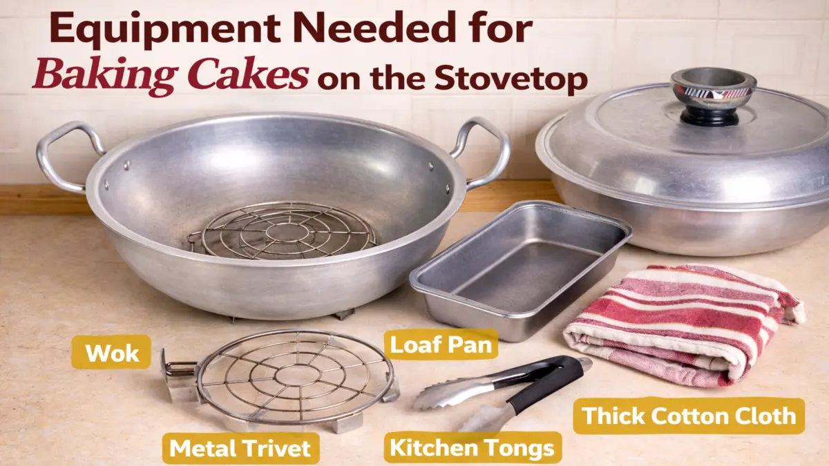 equipment needed for baking cakes on the stovetop including wok lid trivet and cake pan