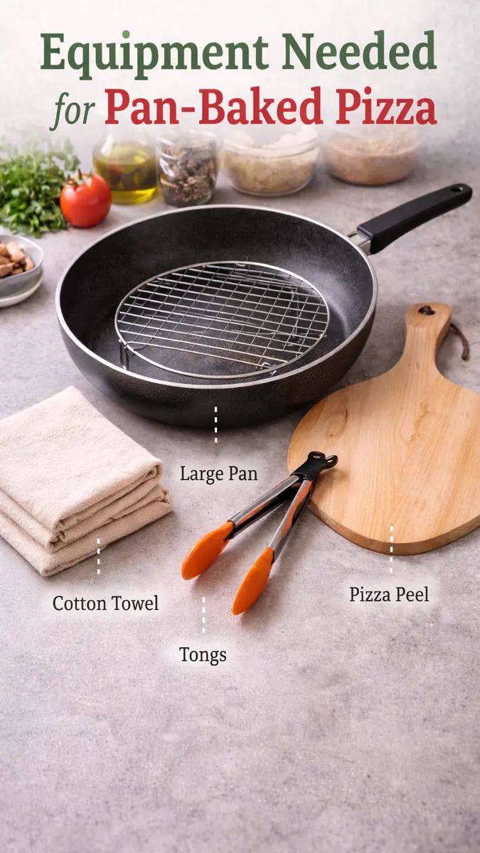Equipment needed for pan-baked pizza including pan, pizza peel, rack, tongs, and cotton cloth