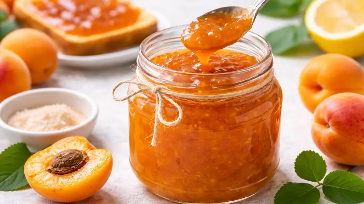 Jar of homemade apricot jam with a spoon