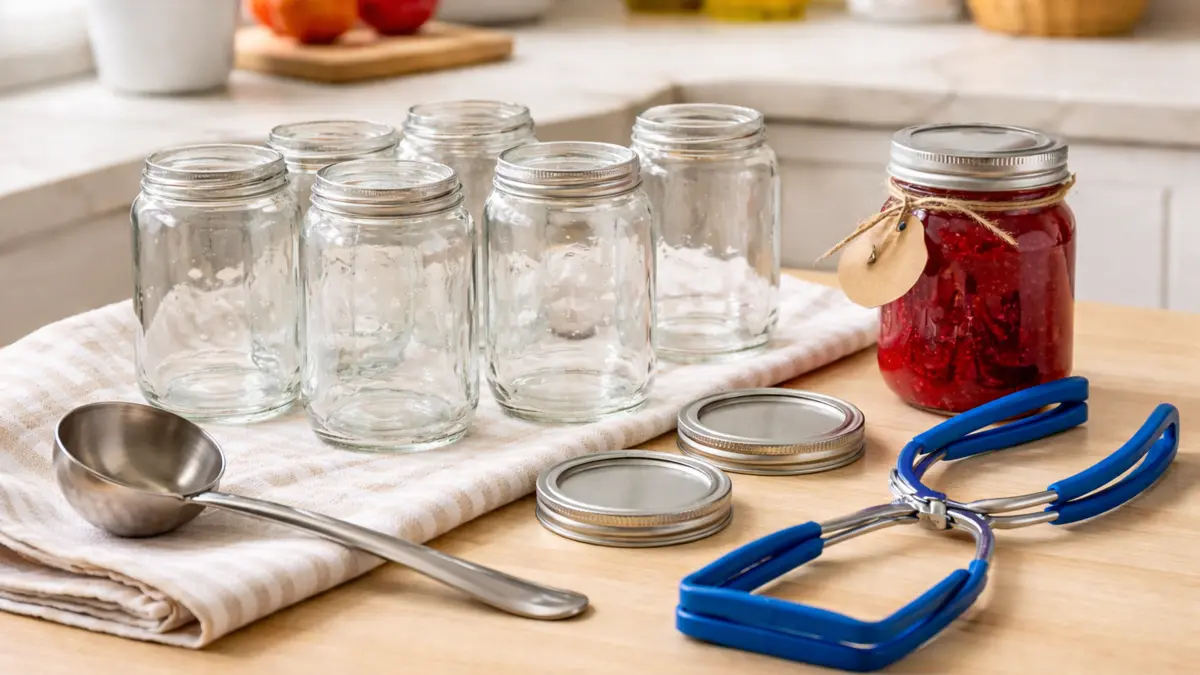 Sterilized glass jars with lids and canning tongs on a clean kitchen counter