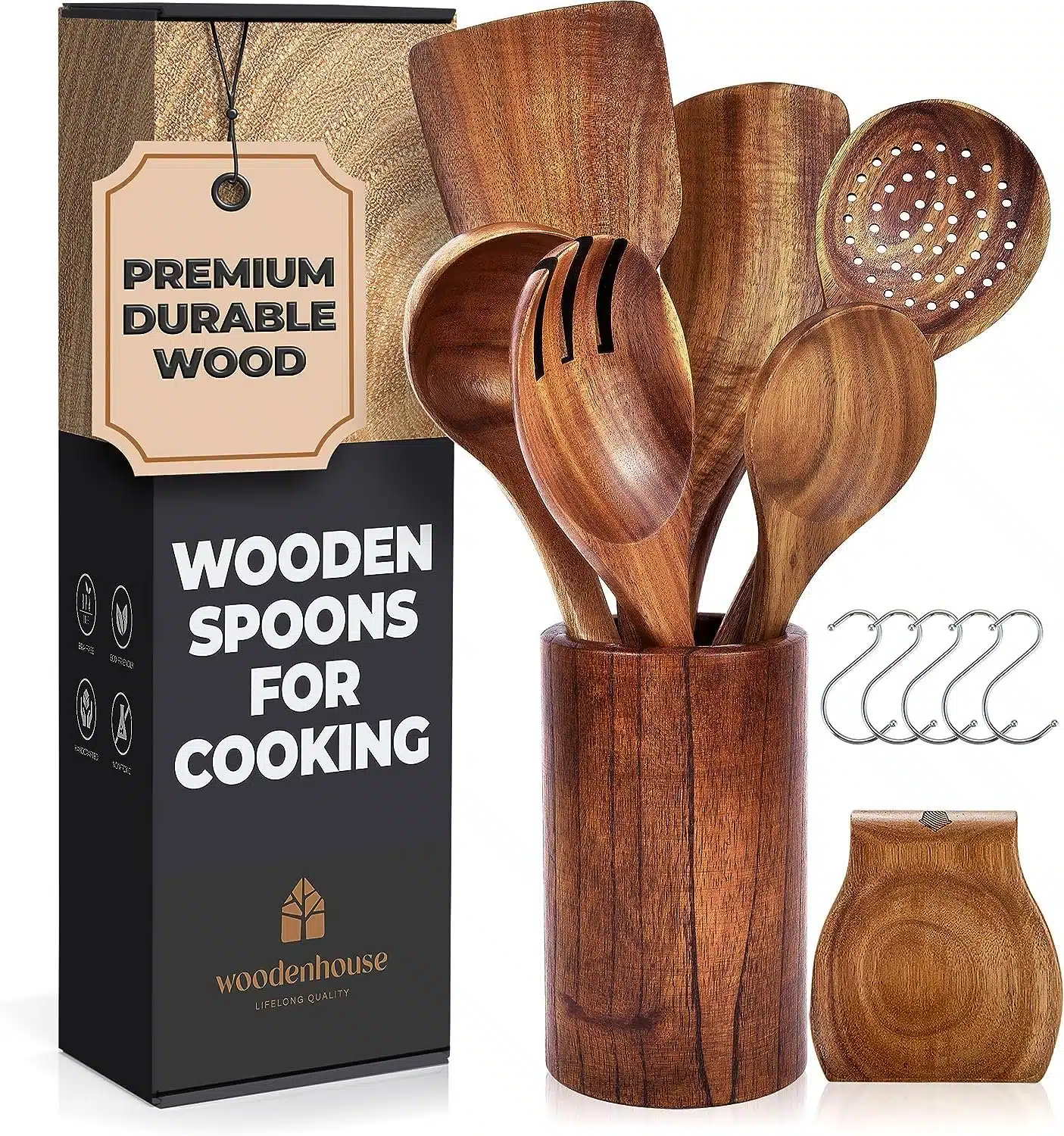 Wooden Spoons for Cooking – Wooden Utensils for Cooking Set with Holder, Spoon Rest Hanging Hooks, Teak Wood Nonstick Kitchen Cookware – Durable Set of 8pcs by Woodenhouse Wooden Spoons for Cooking – Wooden Utensils for Cooking Set with Holder, Spoon Rest Hanging Hooks, Teak Wood Nonstick Kitchen Cookware – Durable Set of 8pcs by Woodenhouse