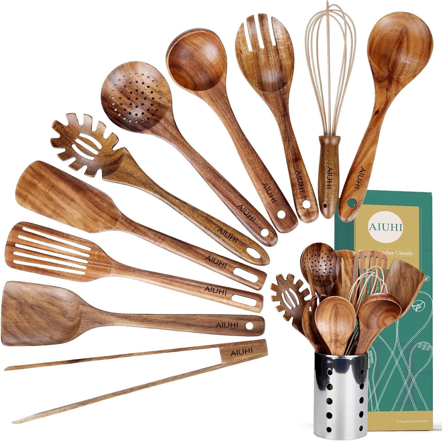 Kitchen Utenails Set with Holder,Kitchen Wooden Utensils for Cooking, Wood Utensil Natural Teak Wood Spoons for Cooking,Wooden Kitchen Utensil Set With Spatula and Ladle (11) Kitchen Utenails Set with Holder,Kitchen Wooden Utensils for Cooking, Wood Utensil Natural Teak Wood Spoons for Cooking,Wooden Kitchen Utensil Set With Spatula and Ladle (11)