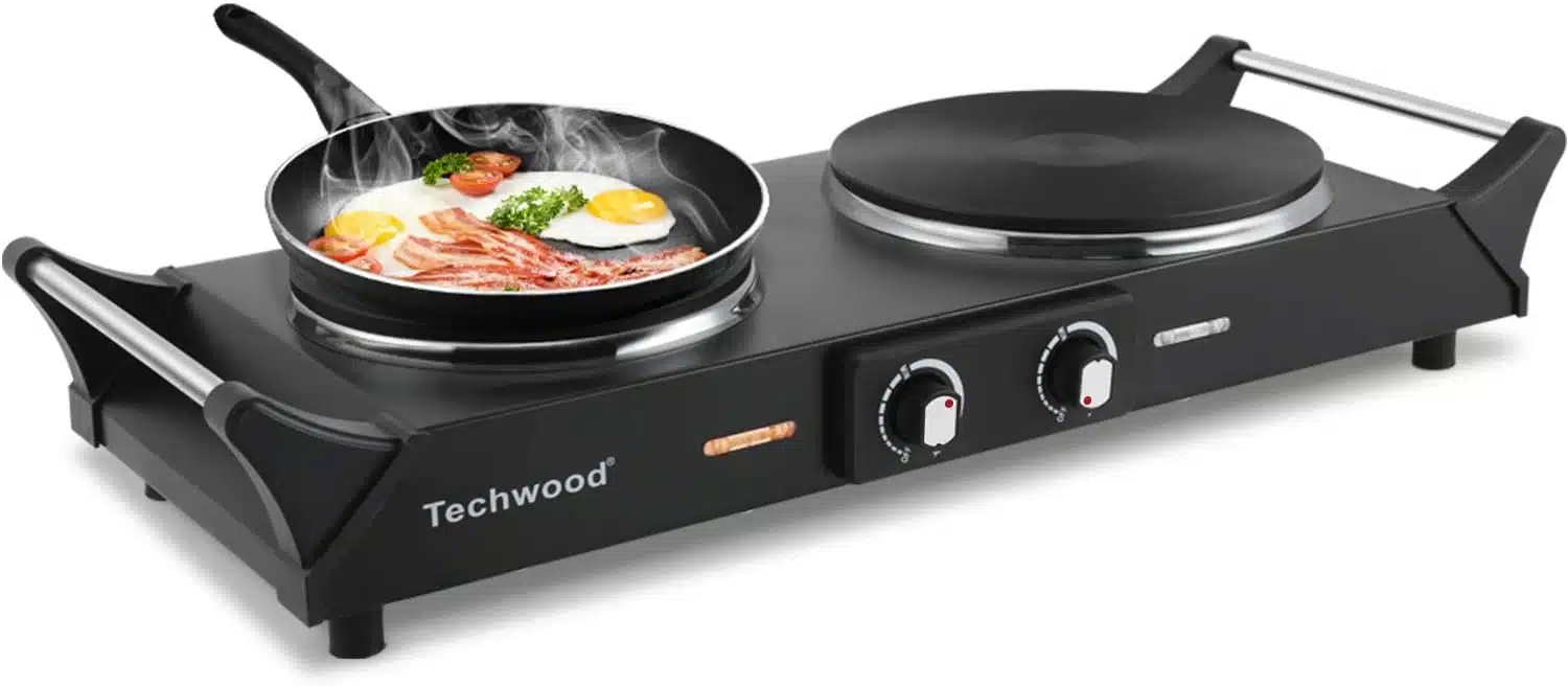 Techwood 1800W Hot Plate Portable Electric Stove Countertop Double Burner with Adjustable Temperature  Stay Cool Handles, 7.5” Cooktop for RV/Home/Camp, Compatible for All Cookwares