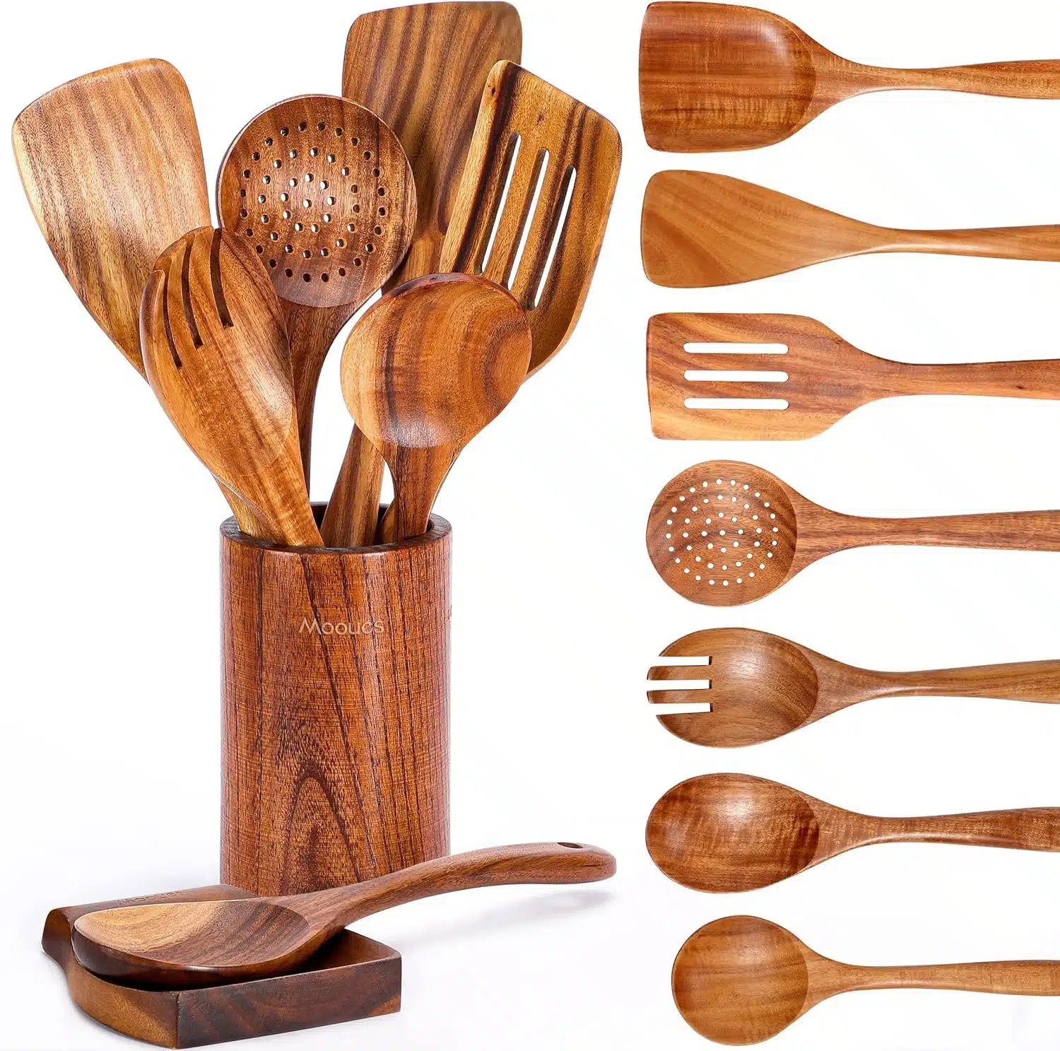 Mooues 9 Piece Wooden Spoons for Cooking, Wooden Utensils for Cooking with Utensils Holder, Natural Teak Wooden Kitchen Utensils Set with Wooden Spoon Rest, Comfort Grip Mooues 9 Piece Wooden Spoons for Cooking, Wooden Utensils for Cooking with Utensils Holder, Natural Teak Wooden Kitchen Utensils Set with Wooden Spoon Rest, Comfort Grip
