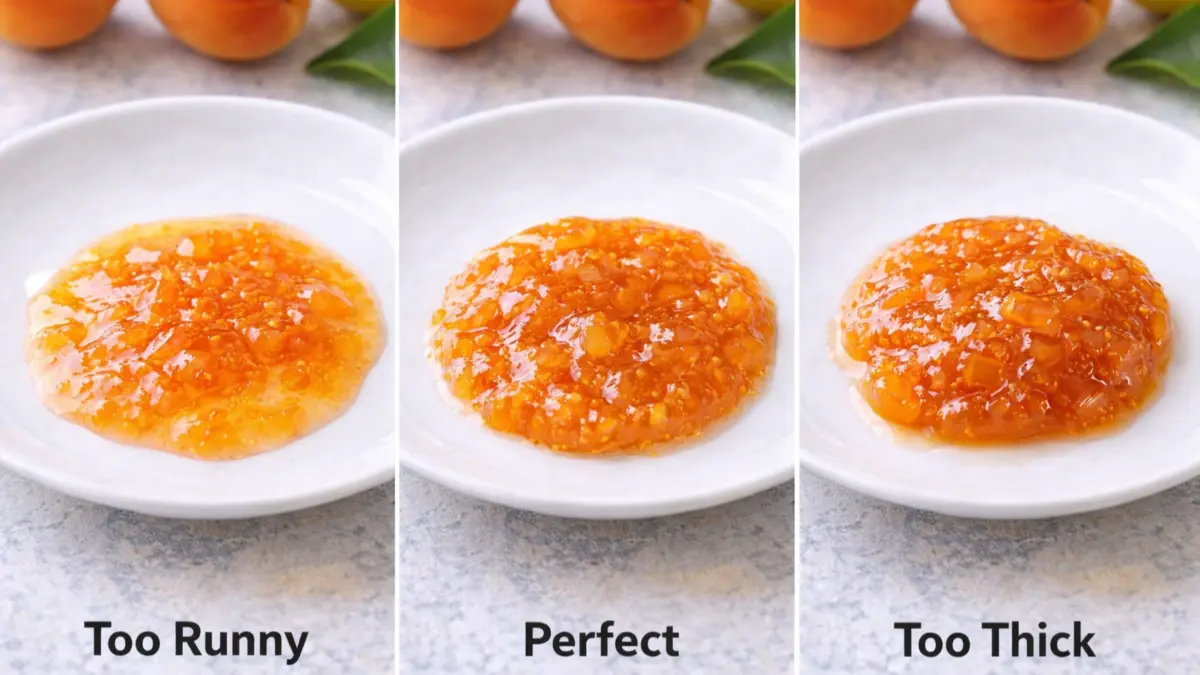 Jam Consistency Comparison Comparison of jam consistency showing too runny, perfect set, and too thick