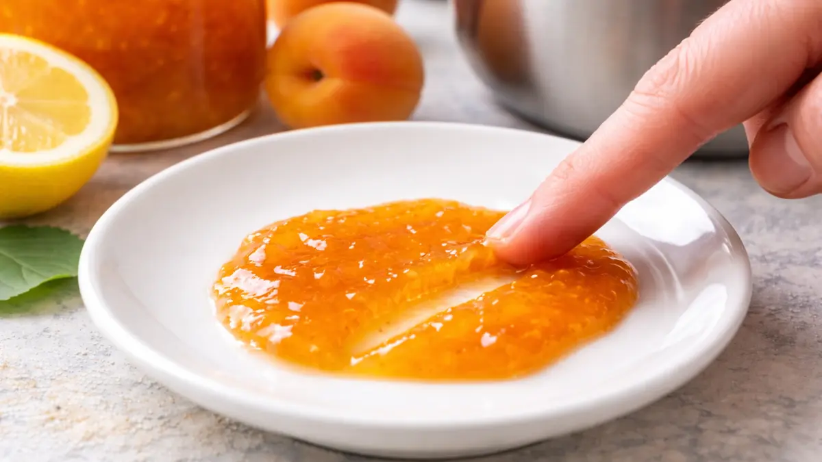 Jam Wrinkle Test (Plate Test) Wrinkle test showing jam on a cold plate with a line pushed through