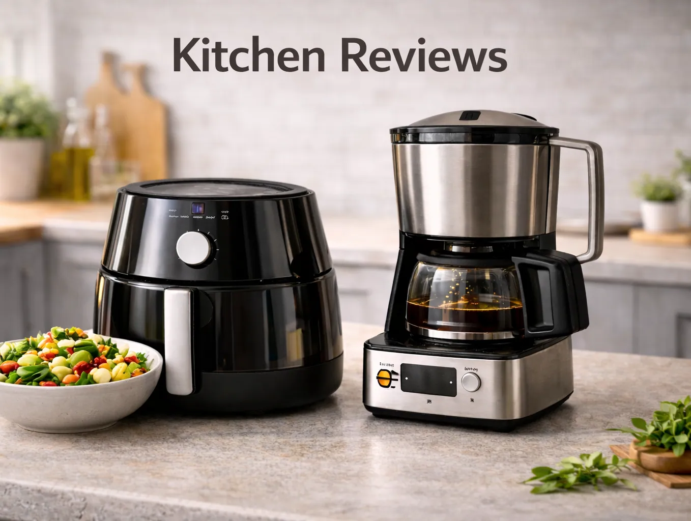 Kitchen Reviews Category Image Kitchen appliances on a countertop including an air fryer