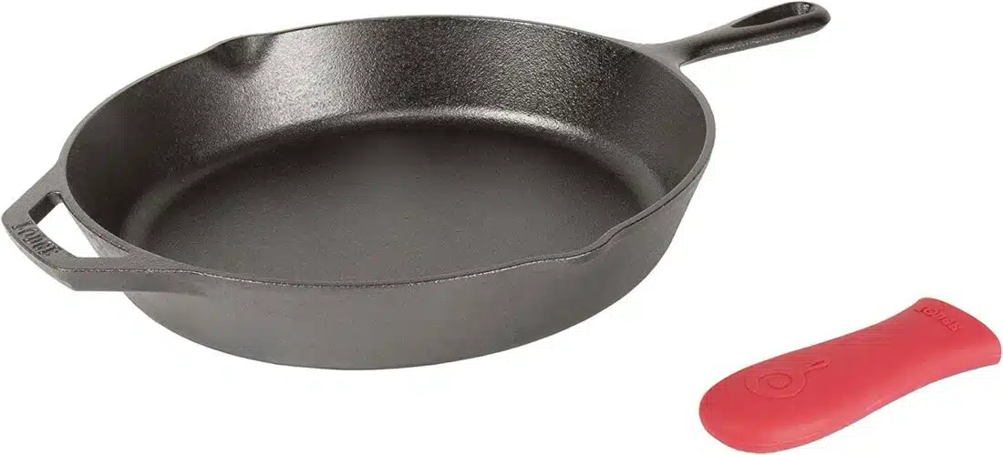 Lodge Cast Iron Skillet with Red Silicone Hot Handle Holder, 12-inch Lodge Cast Iron Skillet with Red Silicone Hot Handle Holder, 12-inch