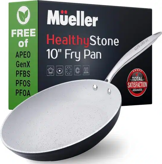 Mueller 10-Inch Non Stick Frying Pans, No PFOA or APEO, Heavy Duty German Stone Coating Cookware, Aluminum Body, EverCool Stainless Steel Handle, Black Mueller 10-Inch Non Stick Frying Pans, No PFOA or APEO, Heavy Duty German Stone Coating Cookware, Aluminum Body, EverCool Stainless Steel Handle, Black