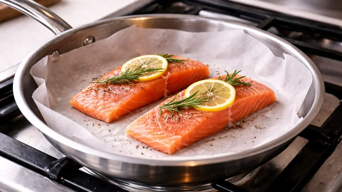 Stainless steel pan lined with parchment paper before cooking fish