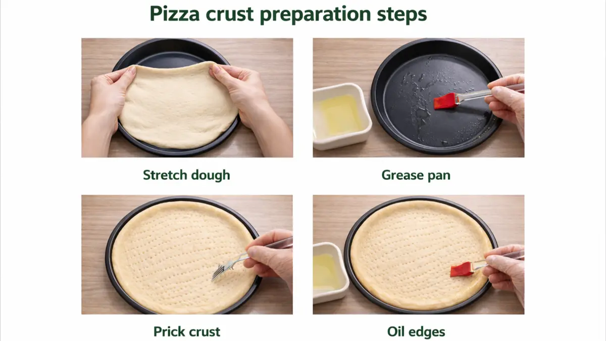 Pizza crust preparation steps including greasing, pricking, and oiling the edges