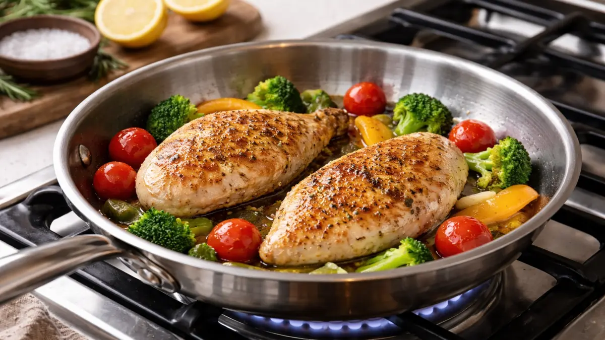 Golden seared chicken in a clean stainless steel pan with proper oil coating