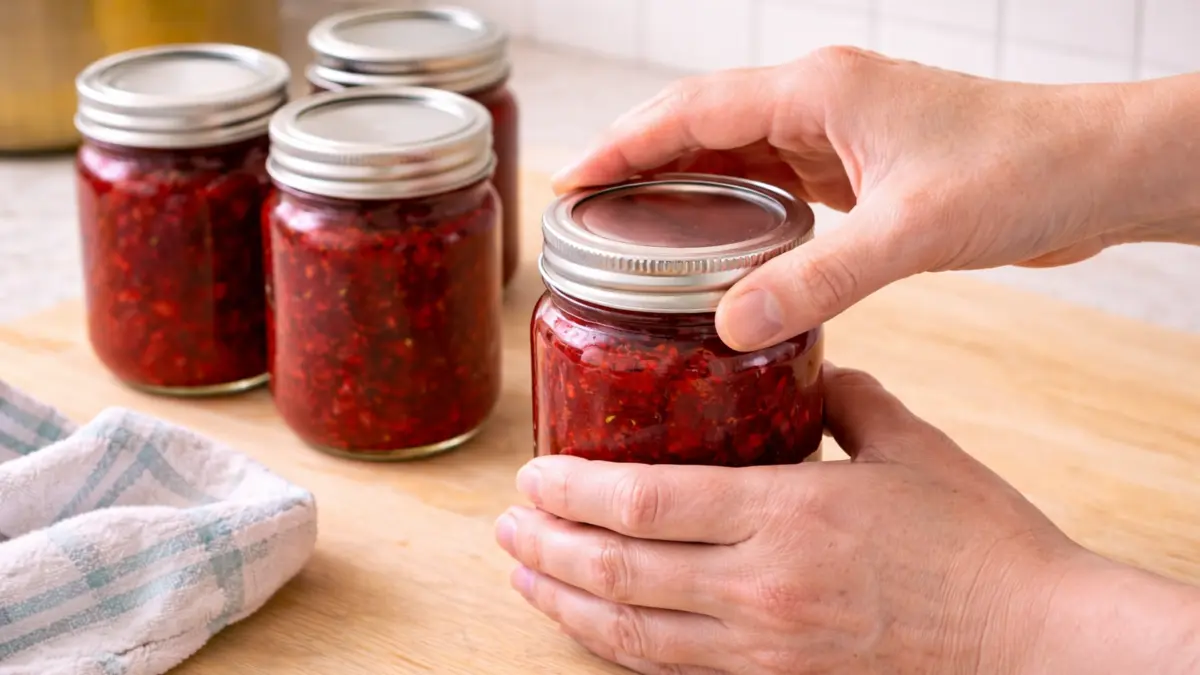 Hands placing and tightening a lid on a freshly filled jam jar