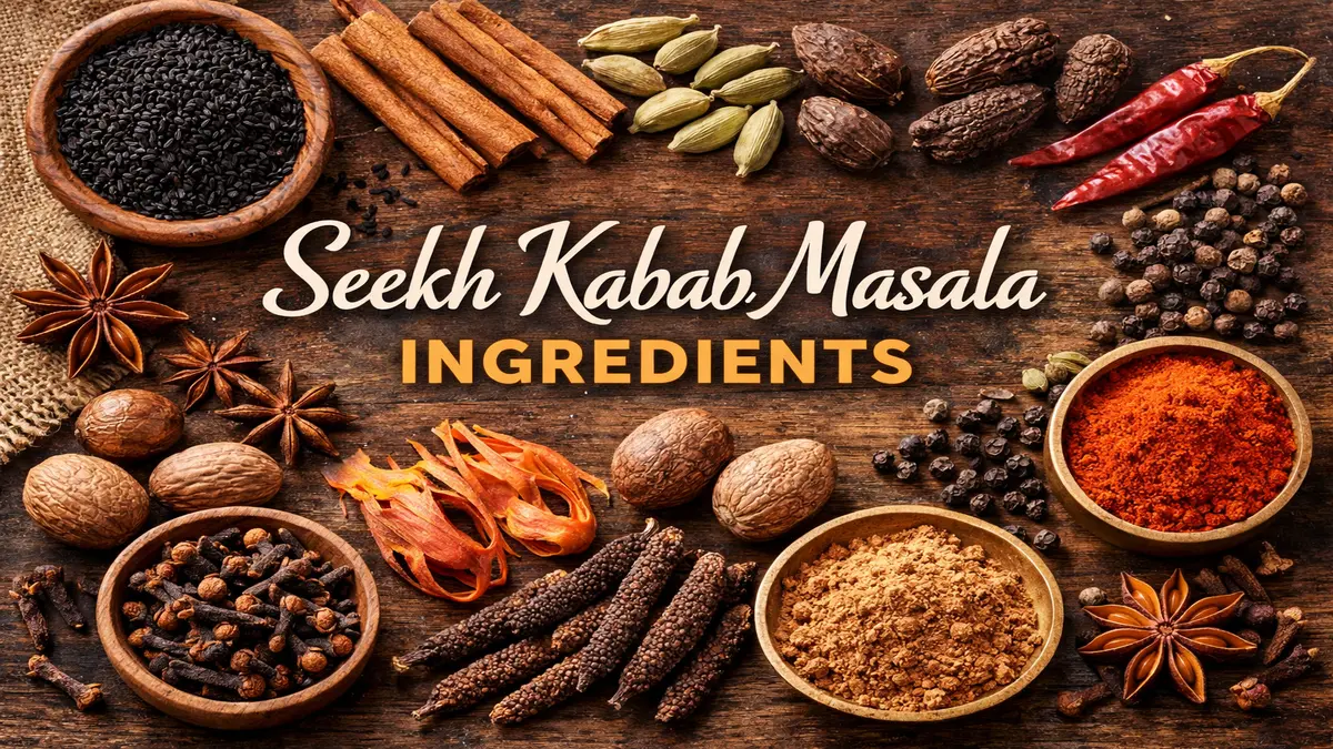 Whole spices used in seekh kabab masala including cardamom, cinnamon, cloves, nutmeg, mace, black cumin, and star anise