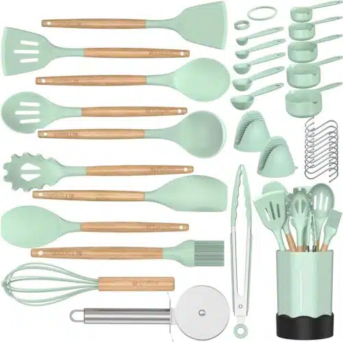Silicone Cooking Kitchen Utensil Set, Fungun 35 pcs Cooking Utensils Set, Wooden Handle BPA Free Non Toxic Silicone Turner Tongs Spatula Spoon Kitchen Gadgets Utensil for Nonstick Cookware-Turquoise Silicone Cooking Kitchen Utensil Set, Fungun 35 pcs Cooking Utensils Set, Wooden Handle BPA Free Non Toxic Silicone Turner Tongs Spatula Spoon Kitchen Gadgets Utensil for Nonstick Cookware-Turquoise