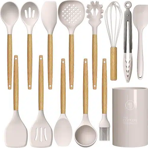 Silicone Cooking Utensils Set - 446°F Heat Resistant Silicone Kitchen Utensils for Cooking,Kitchen Utensil Spatula Set w Wooden Handles and Holder, BPA FREE Gadgets for Non-Stick Cookware (Khaki) Silicone Cooking Utensils Set - 446°F Heat Resistant Silicone Kitchen Utensils for Cooking,Kitchen Utensil Spatula Set w Wooden Handles and Holder, BPA FREE Gadgets for Non-Stick Cookware (Khaki)