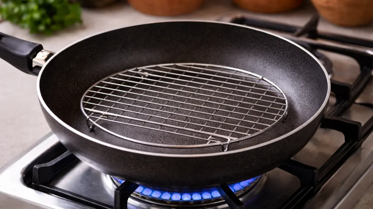 Metal spacer placed inside pan to raise pizza plate for even stovetop baking