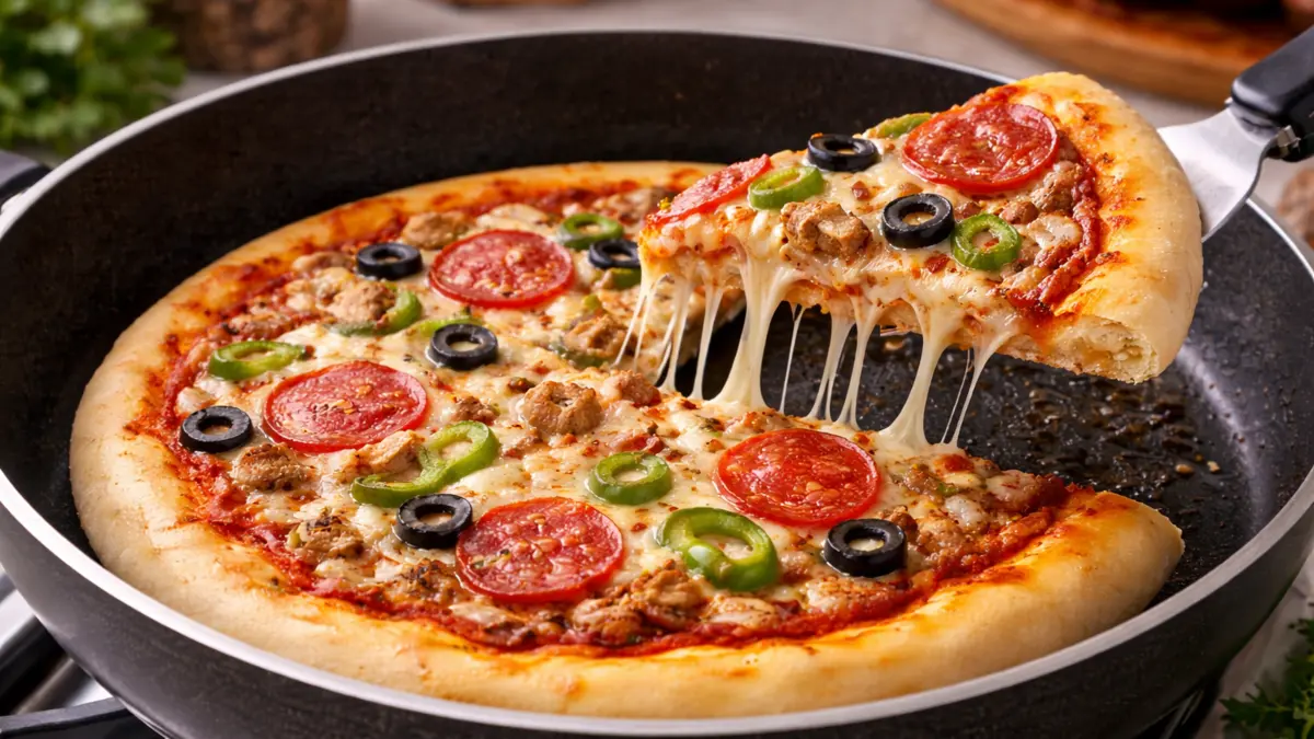 Golden homemade pizza baked in a pan with melted cheese