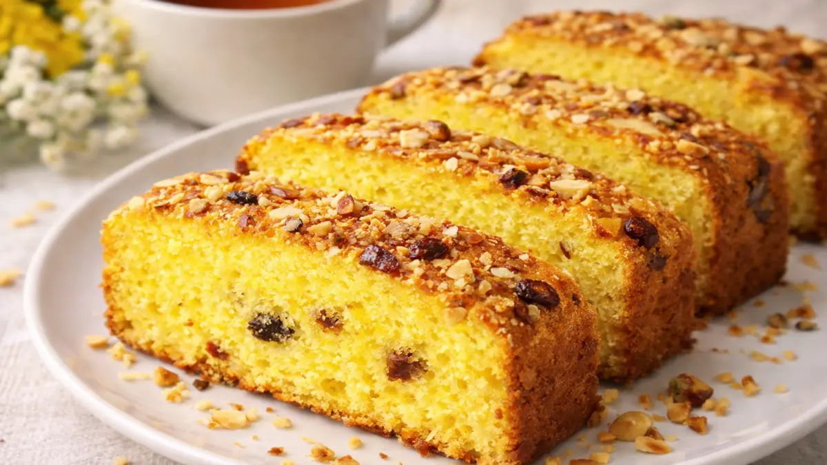 Slices of homemade tea cake topped with almonds, pistachios, and raisins, served with a cup of tea