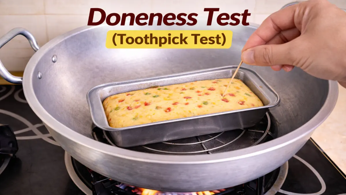 checking cake doneness with a toothpick while baking on stovetop