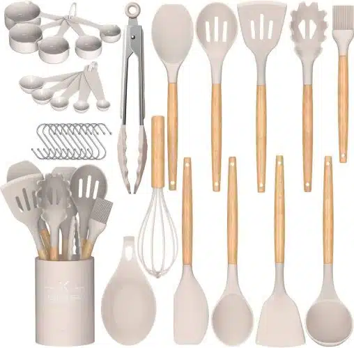Umite Chef Kitchen Cooking Utensils Set, 33 pcs Non-Stick Silicone Cooking Kitchen Utensils Spatula Set with Holder, Wooden Handle Silicone Kitchen Gadgets Utensil Set (Khaki) Umite Chef Kitchen Cooking Utensils Set, 33 pcs Non-Stick Silicone Cooking Kitchen Utensils Spatula Set with Holder, Wooden Handle Silicone Kitchen Gadgets Utensil Set